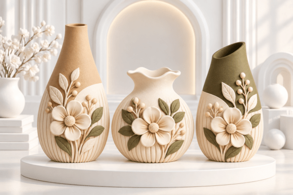 Floral Decorative Vase STL Set – 3 Sculptural Botanical Vases for 3D Printing - Image 3