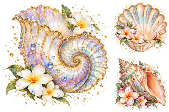 Floral Seashell Watercolor Clipart