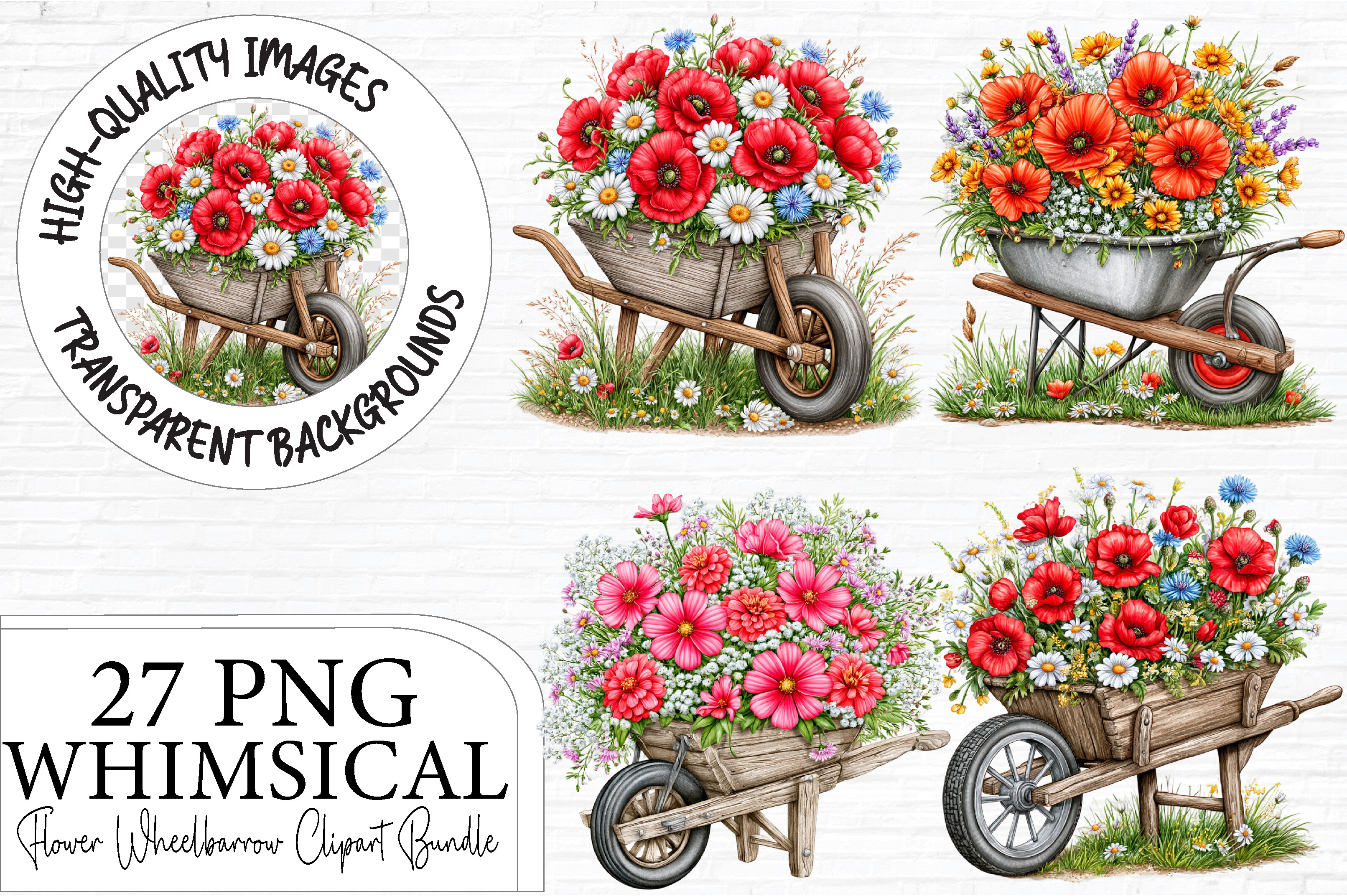 Flower Wheelbarrow Clipart Bundle