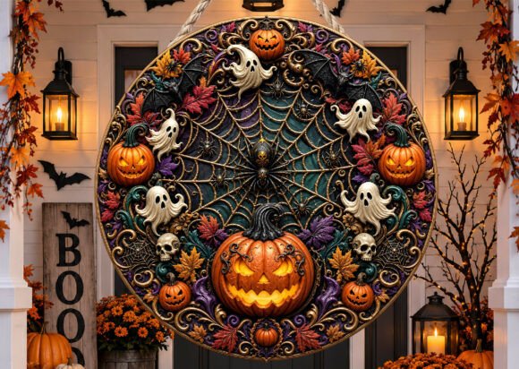 Ghost Web Pumpkin Halloween Door Sign