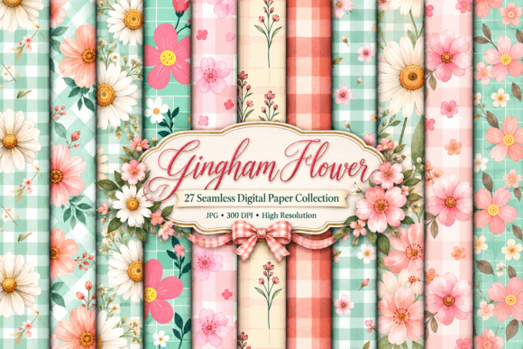 Gingham Flower Seamless Digital Paper