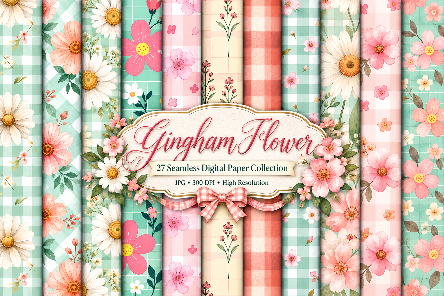 Gingham Flower Seamless Digital Paper