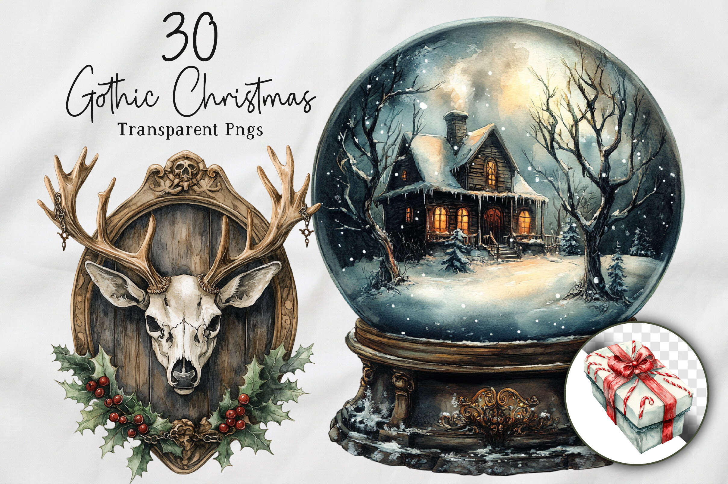 Gothic Christmas Watercolor Clipart Set