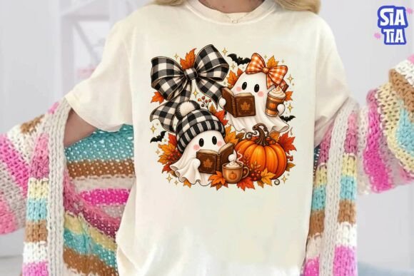 Halloween Ghost Reading Fall PNG Tee