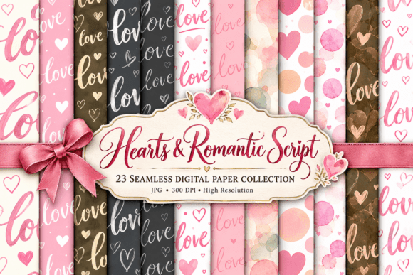 Hearts & Romantic Script Seamless Paper