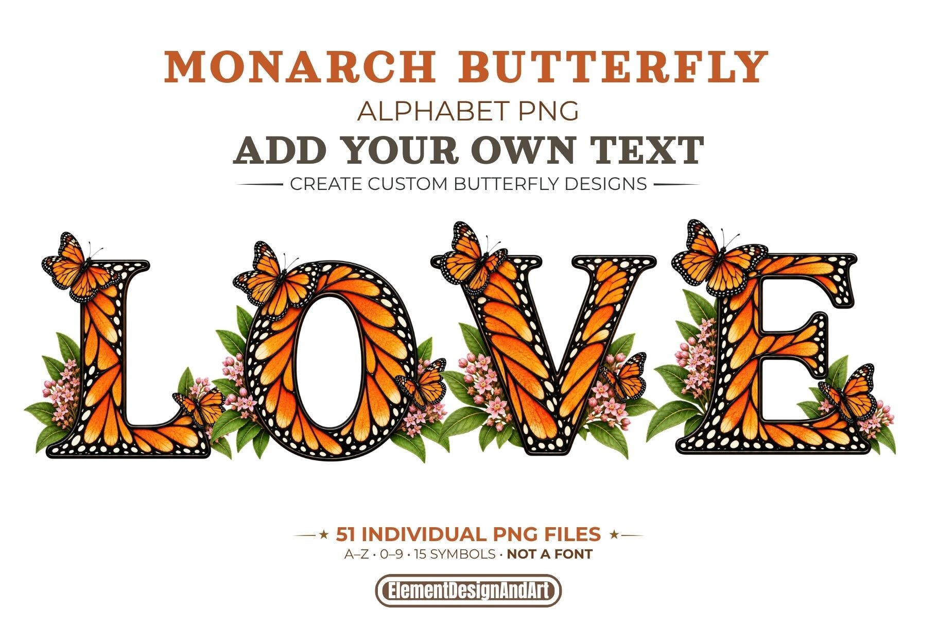 Cute Display Lettering Monarch Butterfly Alphabet Graphic by ElementDesignAndArt · Creative ...