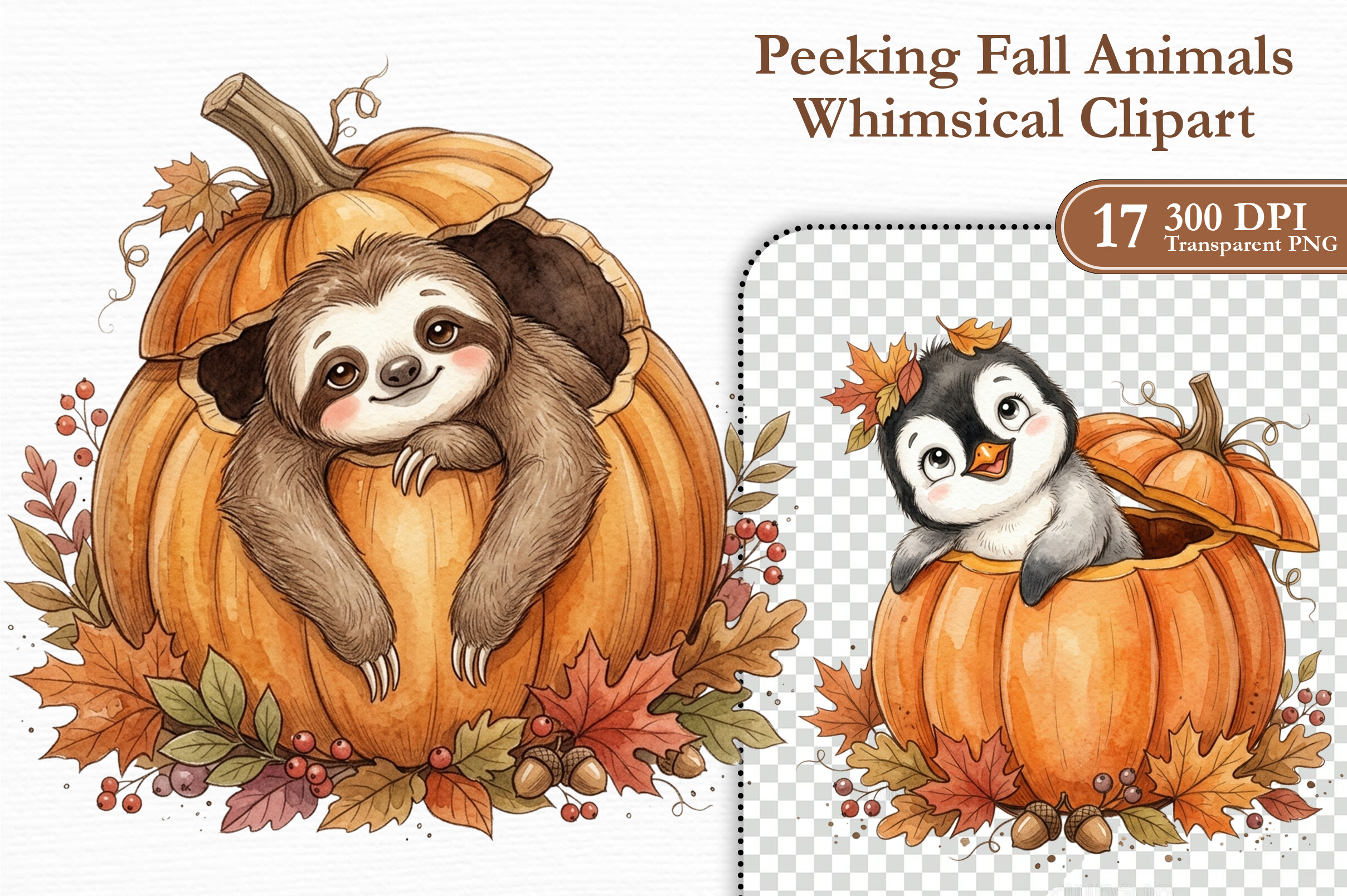 Peeking Fall Animals Whimsical Clipart