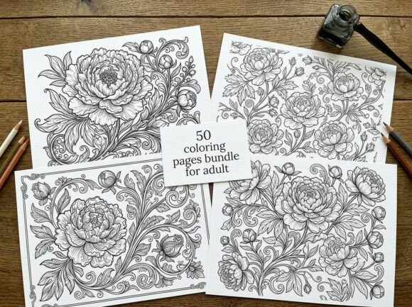 Peony Floral Coloring Pages Bundle