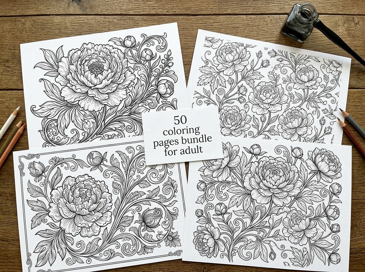 Peony Floral Coloring Pages Bundle
