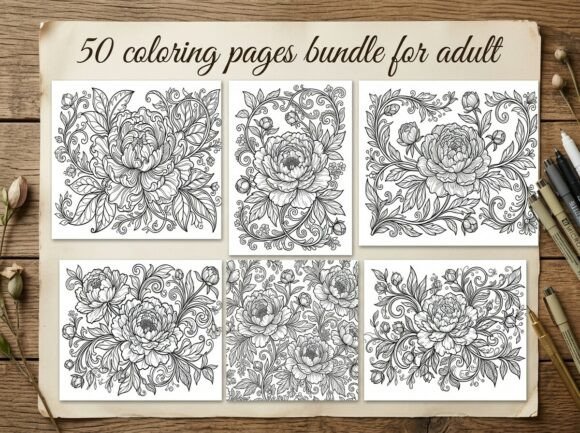 Peony Floral Coloring Pages Bundle