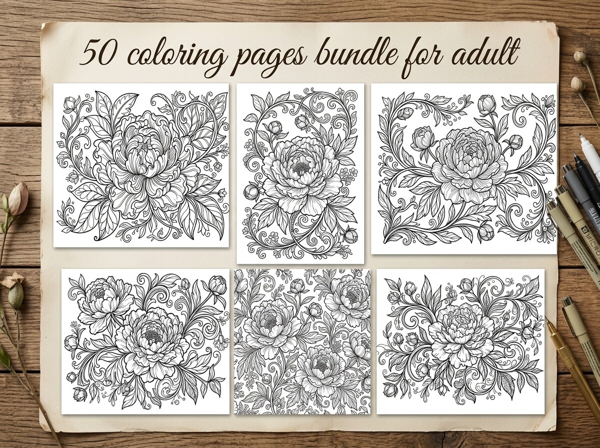 Peony Floral Coloring Pages Bundle