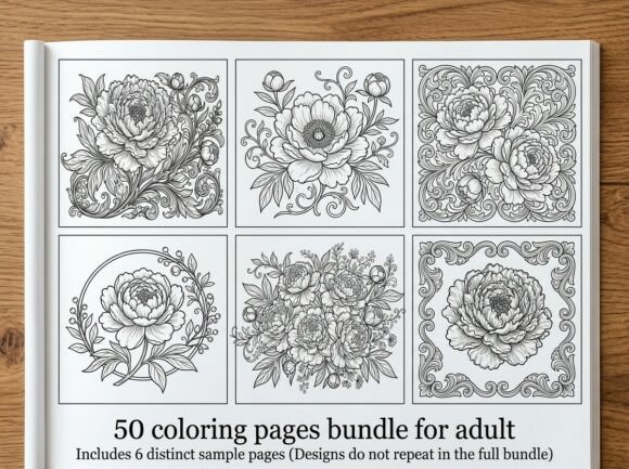 Peony Floral Coloring Pages Bundle