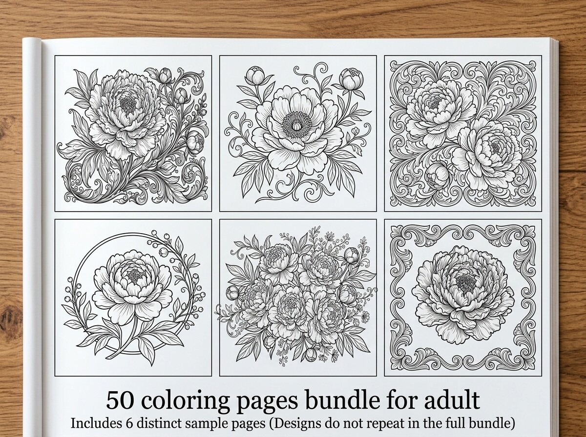 Peony Floral Coloring Pages Bundle