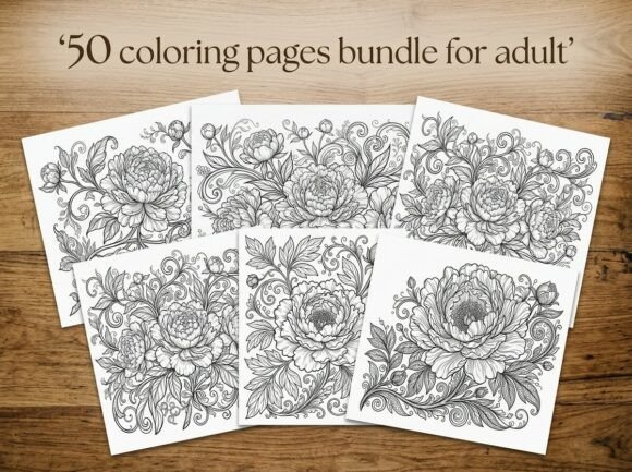 Peony Floral Coloring Pages Bundle