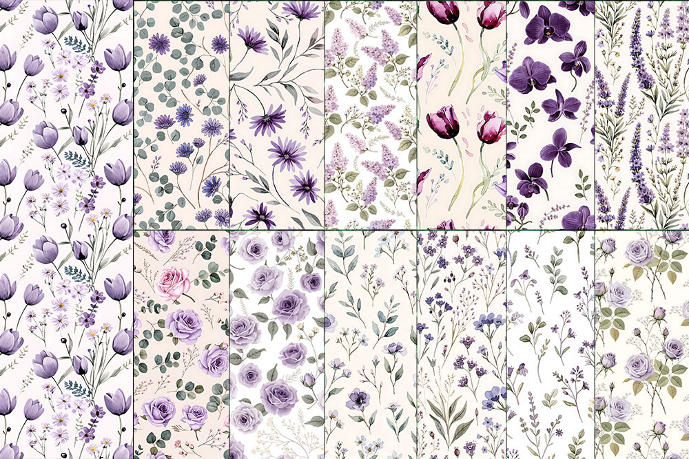 Purple Floral Seamless Pattern Bundle, W