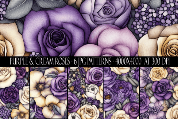 Purple and Cream Roses Seamless Patterns