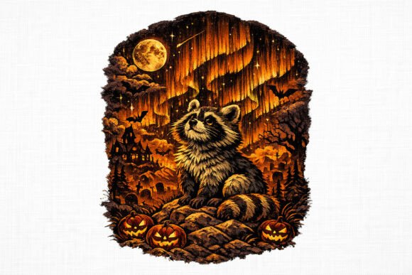 Raccoon Northern Lights Halloween PNG