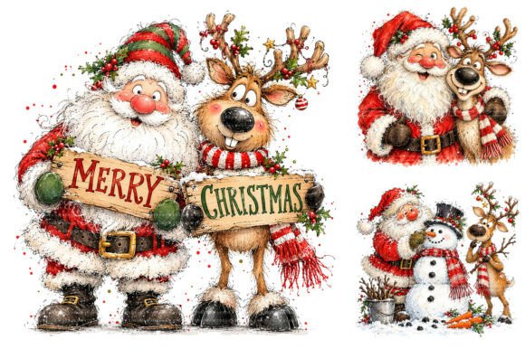Santa and Reindeer Christmas Clipart Graphic Illustrations By Aspect_Studio