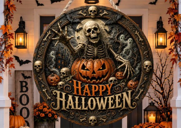 Skeleton Pumpkin Halloween Door Sign PNG