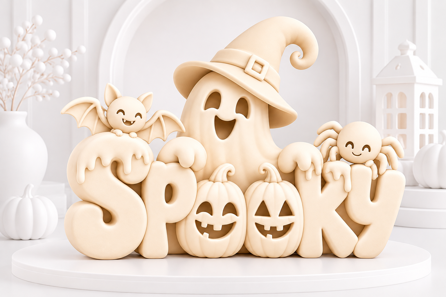 Spooky Halloween Sculpture STL 3D Print Model - Cute Ghost, Bat & Pumpkins - Image 4