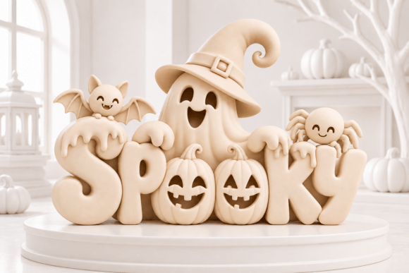 Spooky Halloween Sculpture STL 3D Print Model - Cute Ghost, Bat & Pumpkins - Image 2