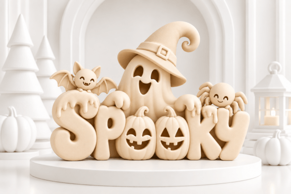 Spooky Halloween Sculpture STL 3D Print Model - Cute Ghost, Bat & Pumpkins - Image 3