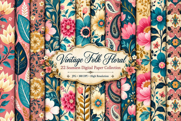 Vintage Folk Floral Digital Paper