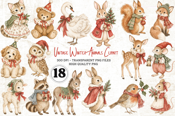 Vintage Winter Animals Clipart