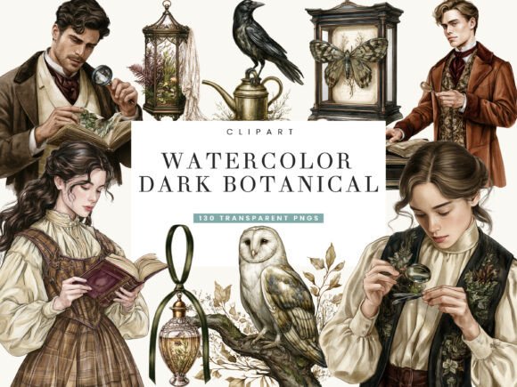 Watercolor Dark Academia Clipart Bundle