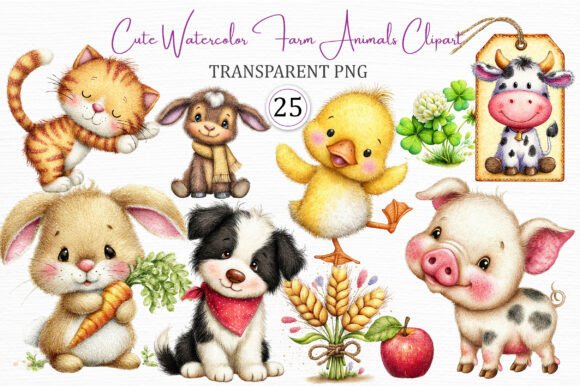 Watercolor Farm Animals Clipart Set