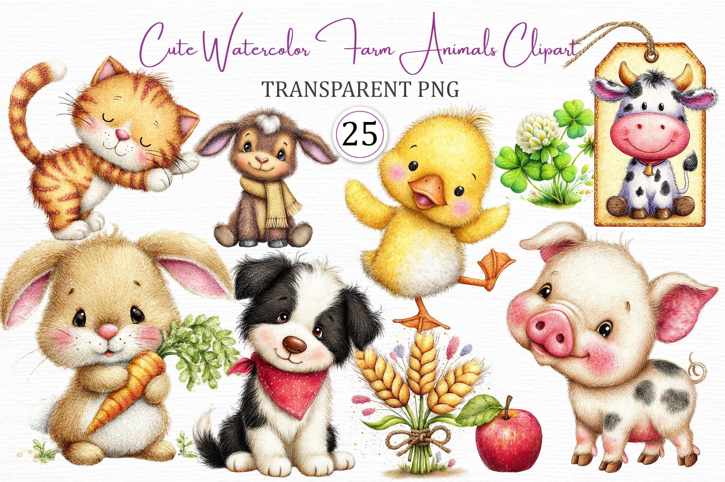 Watercolor Farm Animals Clipart Set
