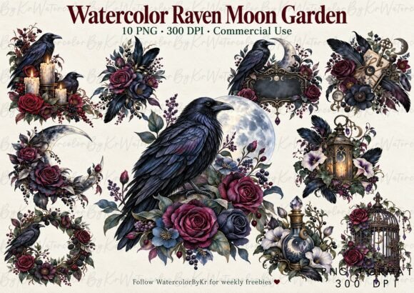 Watercolor Halloween Raven Moon Bundle
