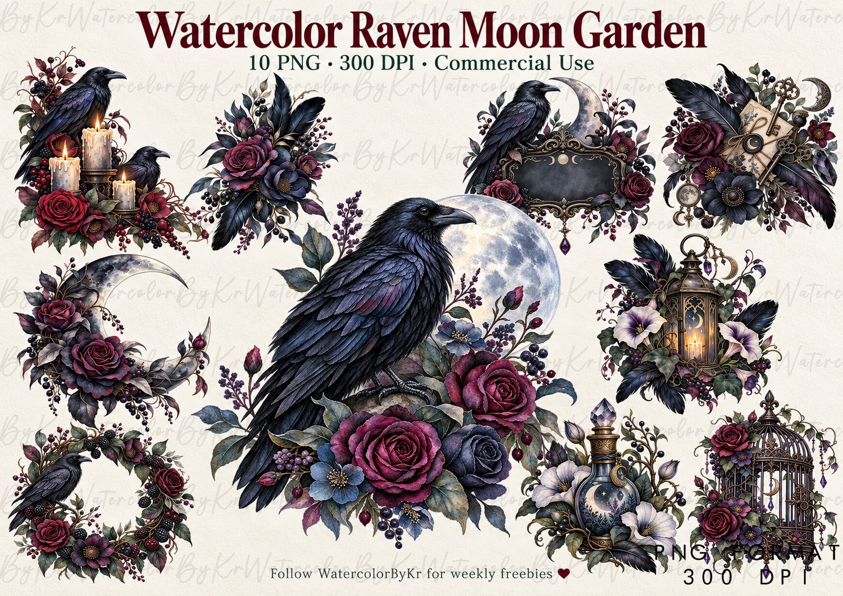 Watercolor Halloween Raven Moon Bundle