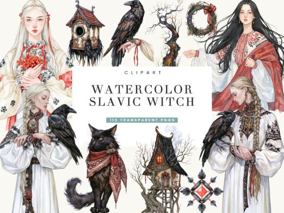 Watercolor Slavic Witch Clipart Bundle