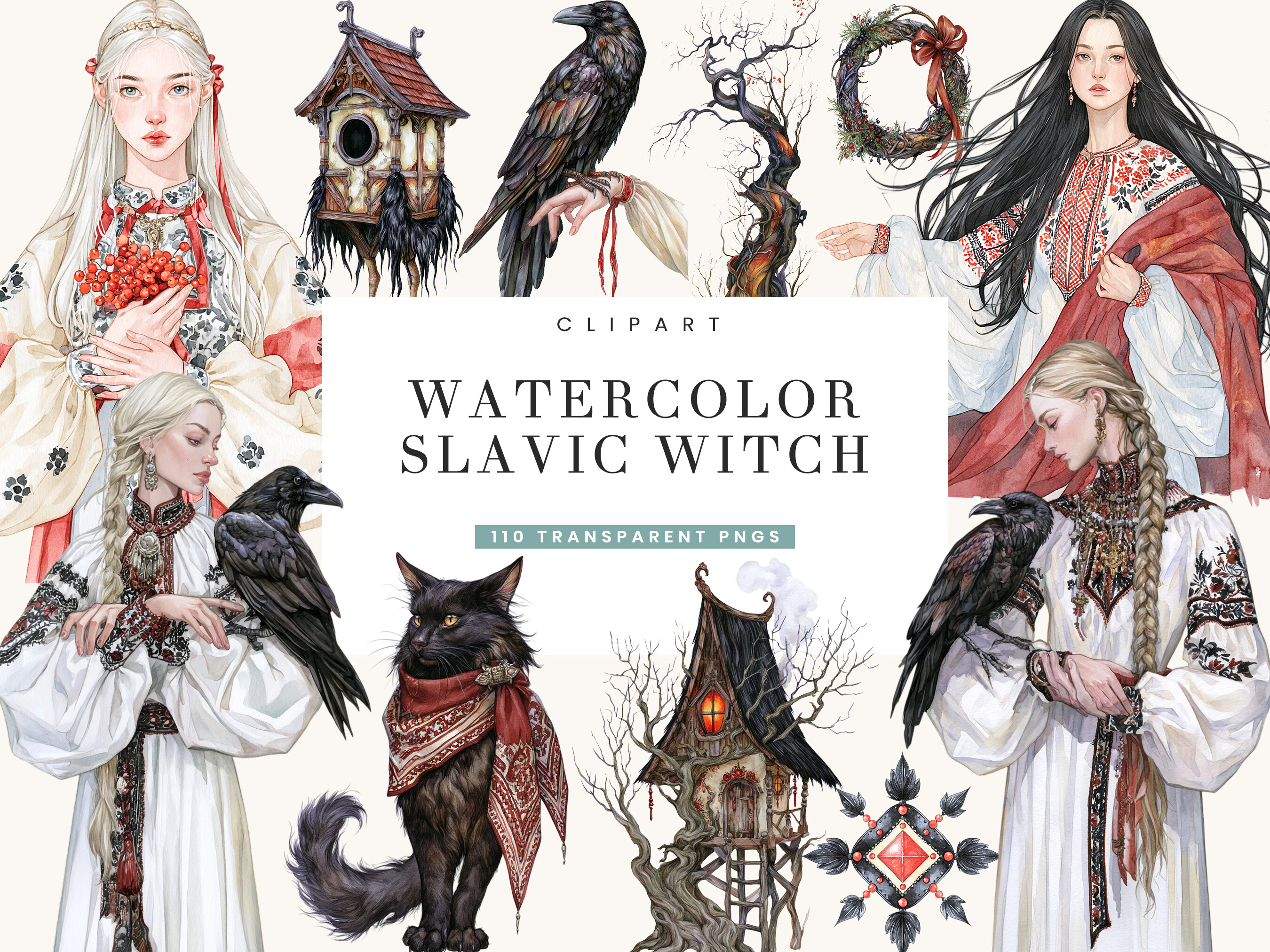Watercolor Slavic Witch Clipart Bundle