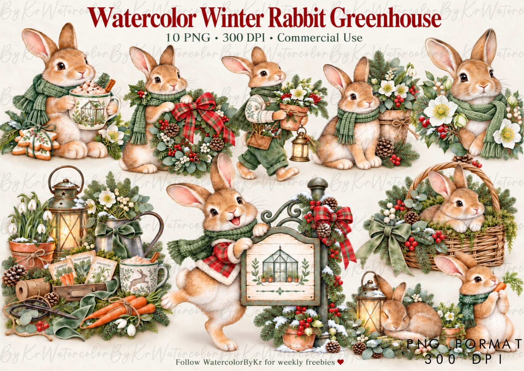 Watercolor Winter Rabbit Greenhouse PNG