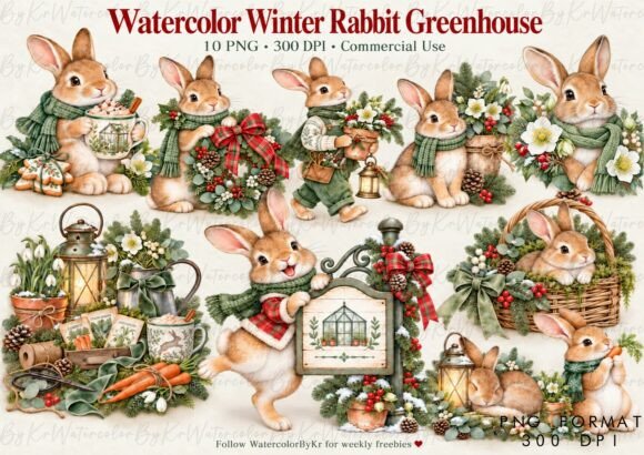 Watercolor Winter Rabbit Greenhouse PNG Graphic Crafts By WatercolorByKr