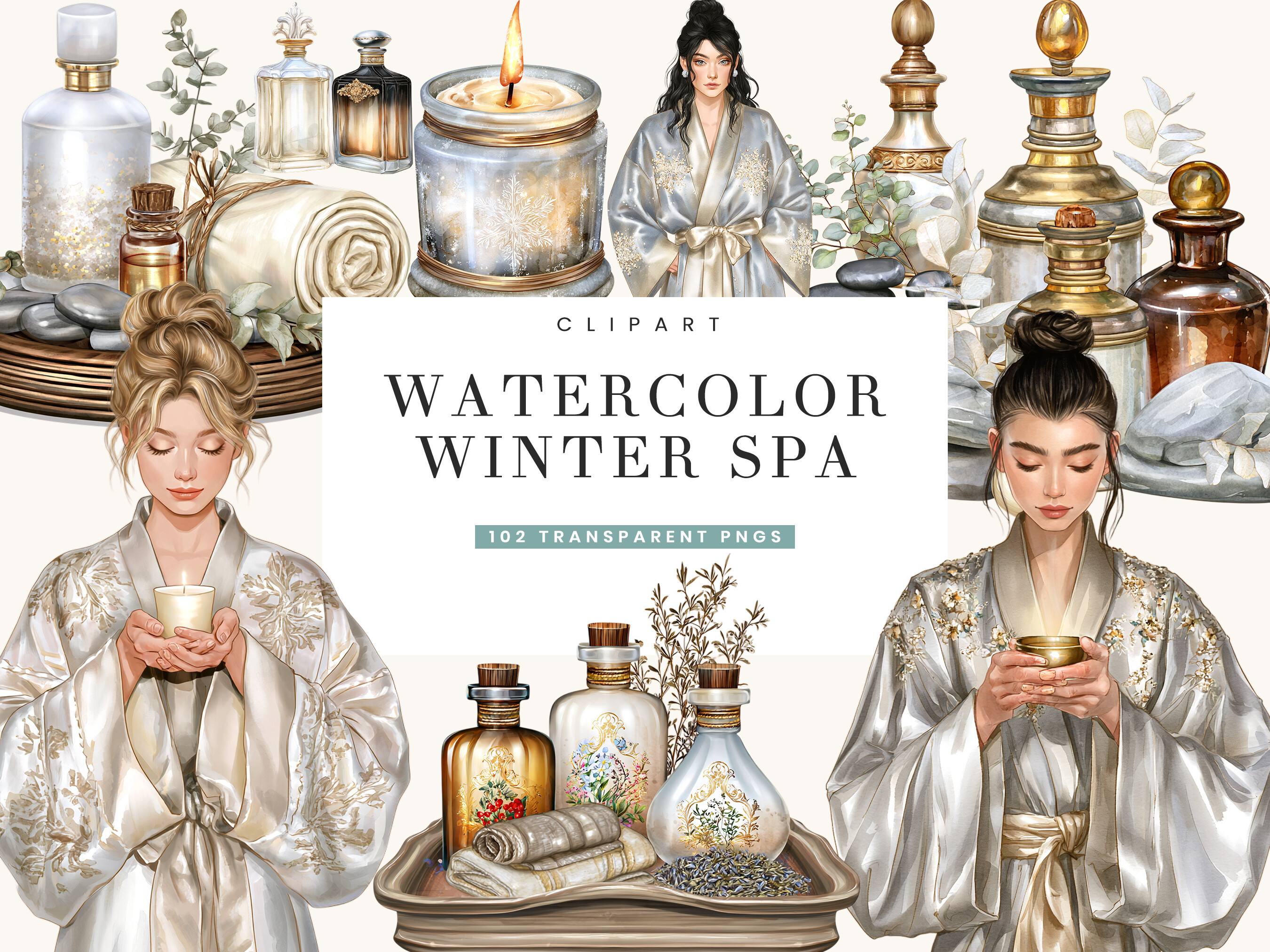 Watercolor Winter Spa Clipart Bundle
