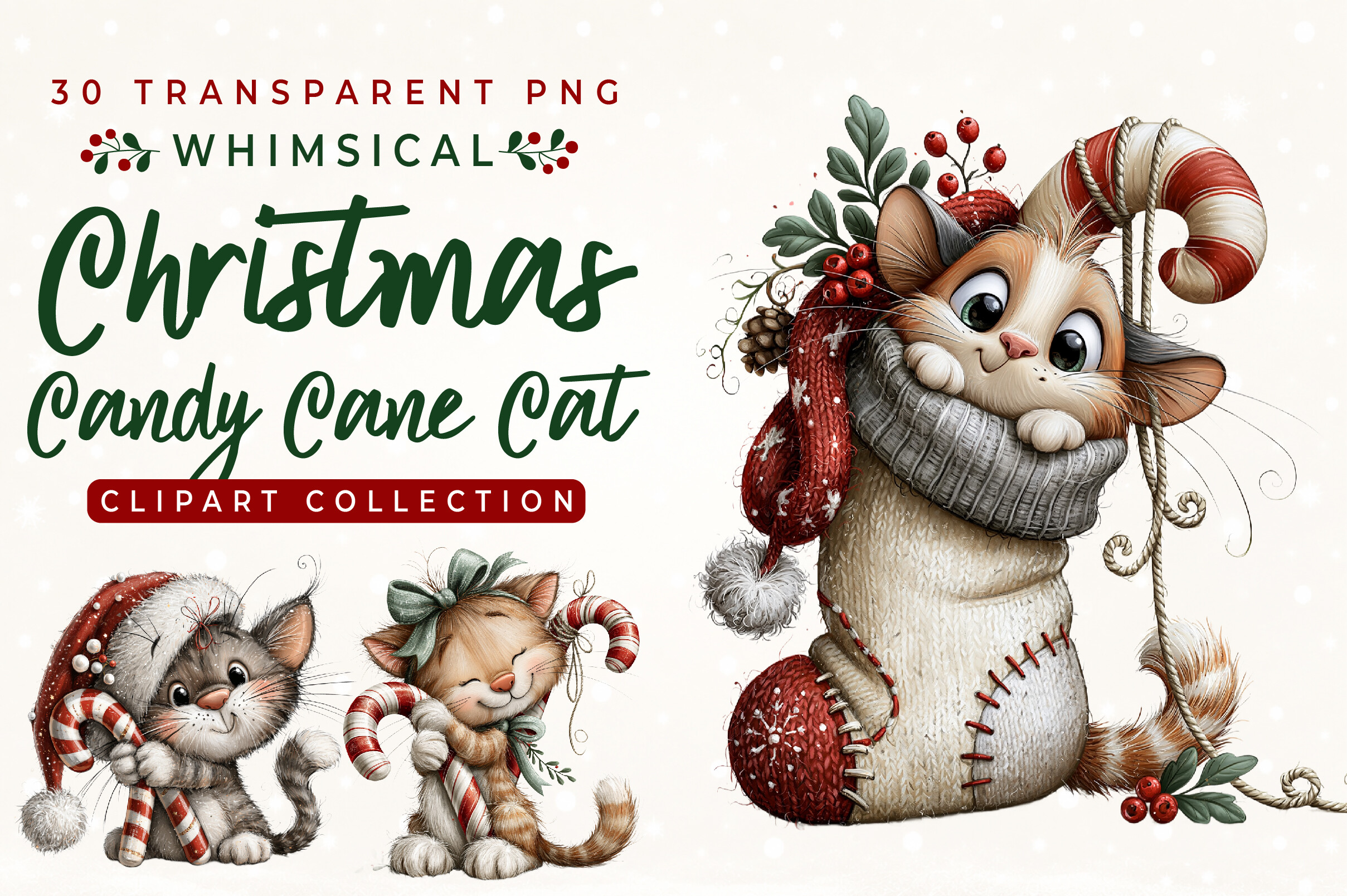 Whimsical Christmas Candy Cane Cat