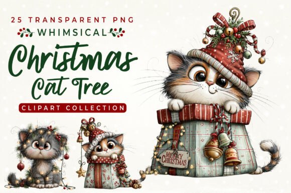 Whimsical Christmas Cat Tree Clipart