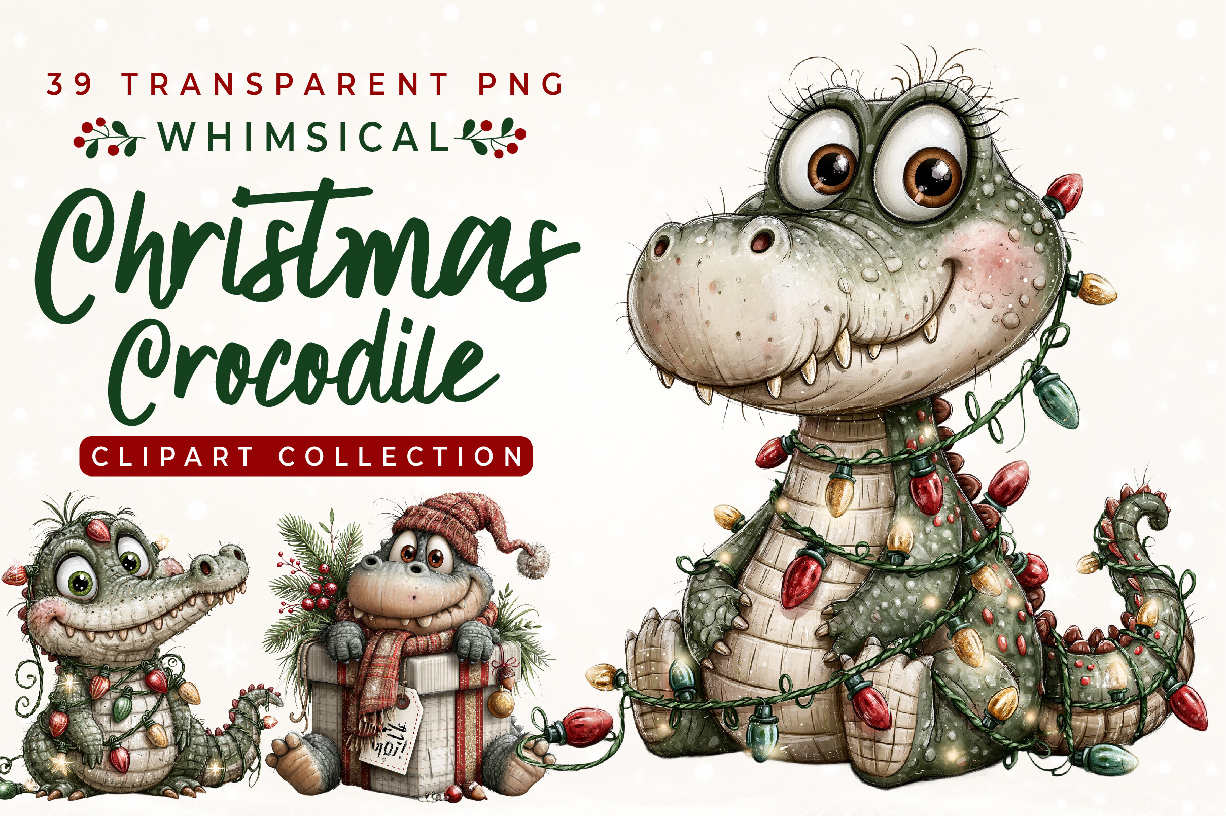 Whimsical Christmas Crocodile Clipart
