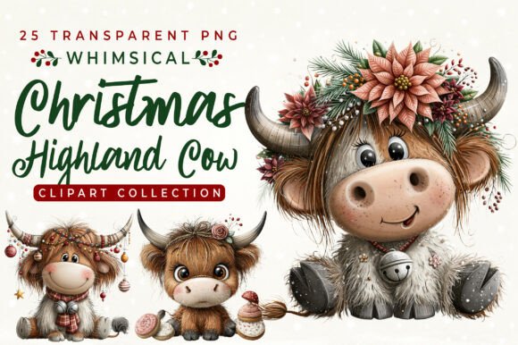 Whimsical Christmas Highland Cow Clipart