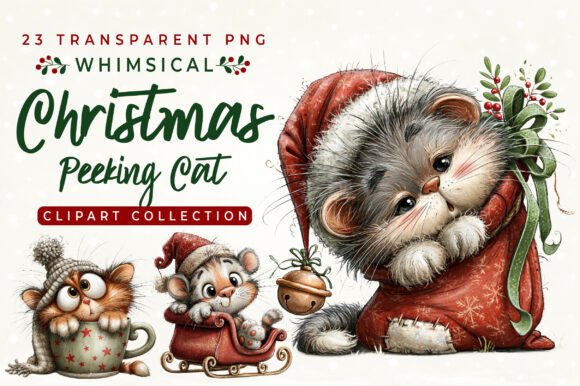 Whimsical Christmas Peeking Cat Clipart
