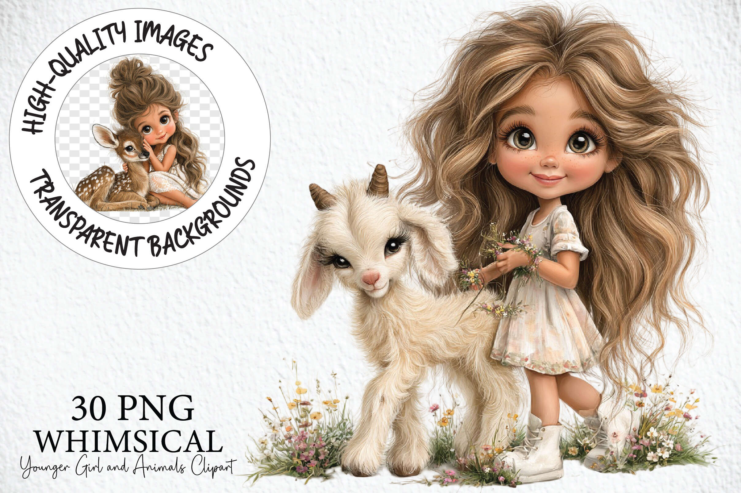 Younger Girl and Animals Clipart