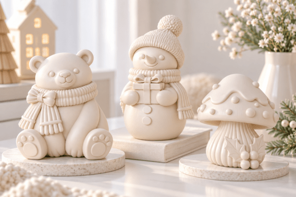3D Print Cute Christmas Winter Decor STL – Teddy Bear, Snowman & Mushroom Set - Image 1