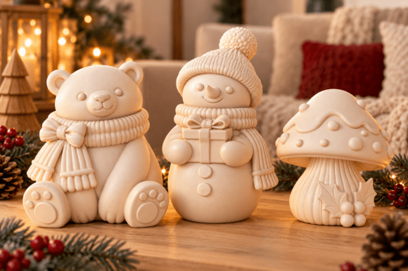 3D Print Cute Christmas Winter Decor STL – Teddy Bear, Snowman & Mushroom Set - Image 3
