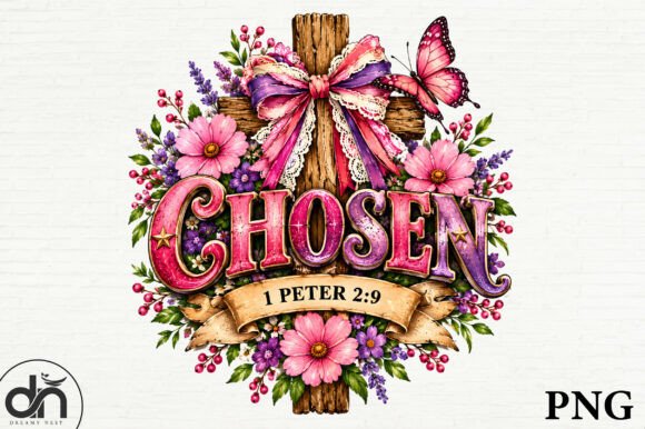 Chosen 1 Peter 2:9 Floral Cross Art PNG