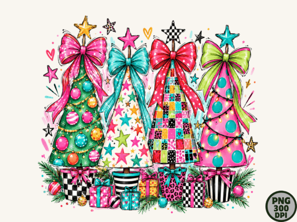 Colorful Christmas Trees Bow PNG Designs