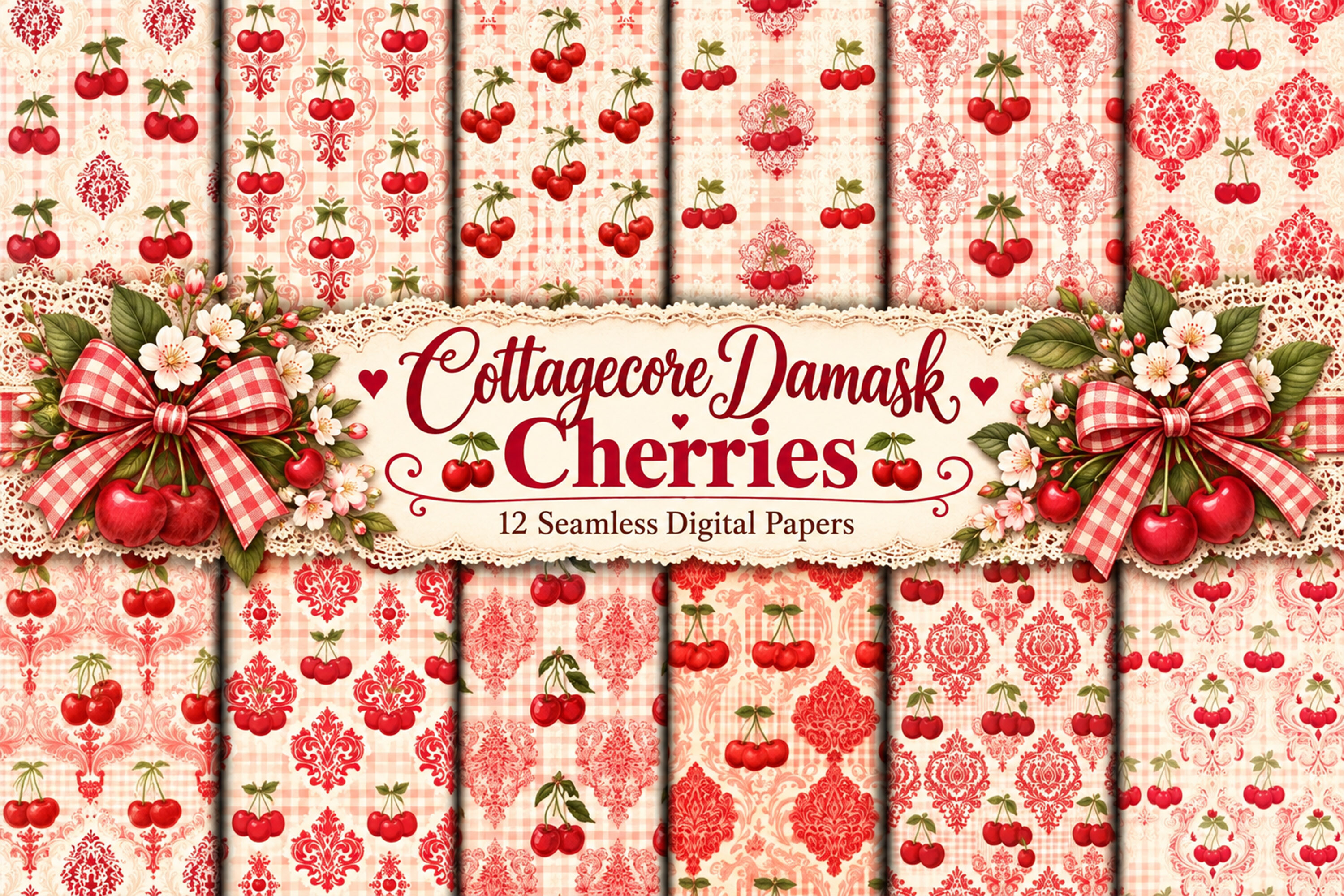Cottagecore Damask Cherries Patterns