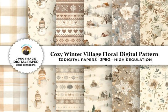 Cozy Winter Village Floral Digital Paper